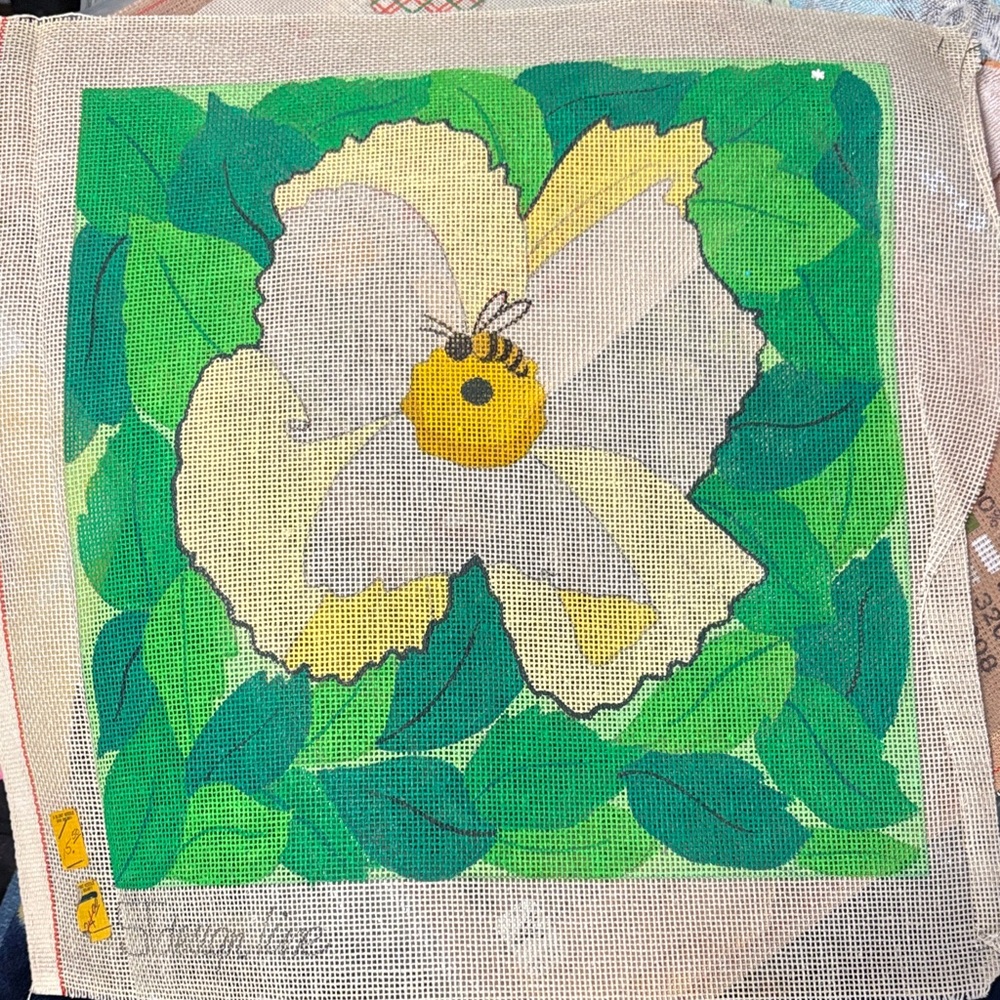 Floral Needlepoint Canvas with Green Leaves